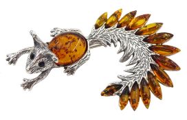 Silver Baltic amber squirrel brooch