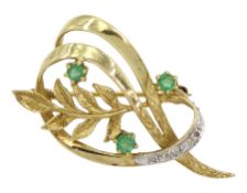 9ct gold emerald and diamond leaf brooch