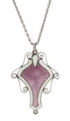 Art Nouveau silver pink and white guilloche enamel pendant necklace by J Aitkin & Son