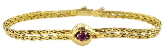 9ct gold flattened link bracelet set with a single stone ruby