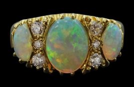 18ct gold three stone opal and six stone old cut diamond ring