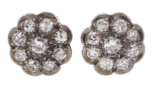 Pair of milgrain set old cut diamond daisy flower cluster stud earrings