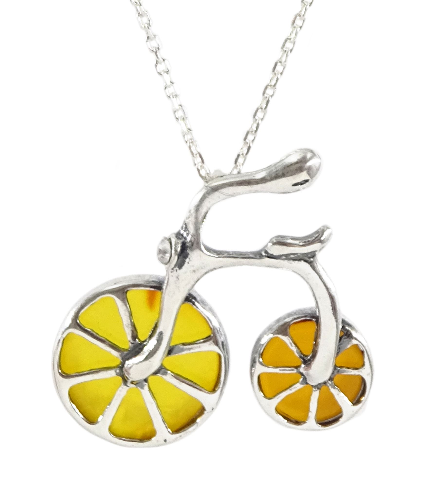 Silver Baltic amber bicycle pendant necklace