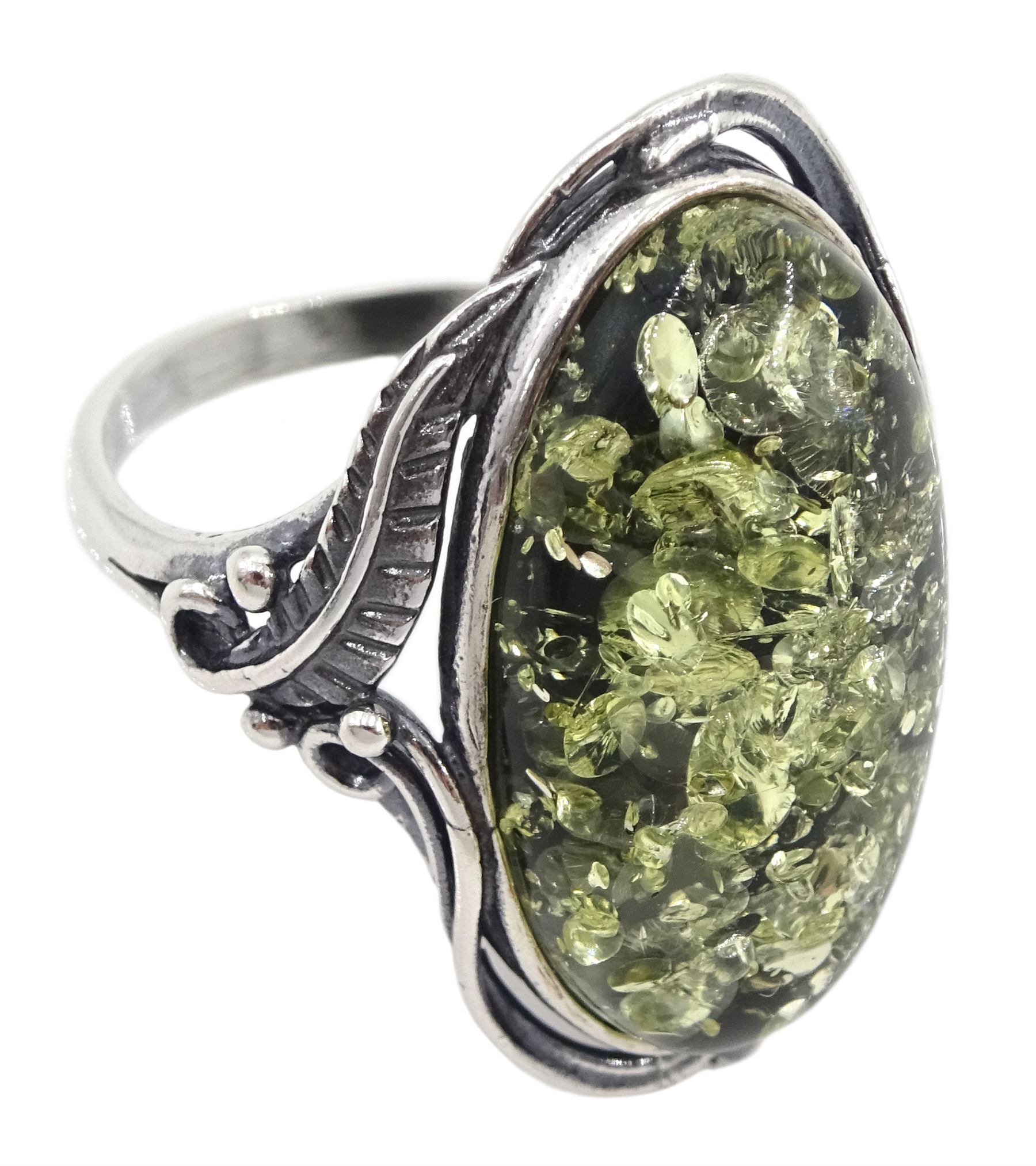 Silver oval green Baltic amber ring - Image 3 of 7