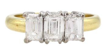 18ct gold three stone emerald cut diamond ring