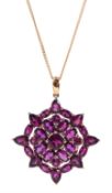 9ct rose gold rhodolite garnet flower cluster pendant necklace