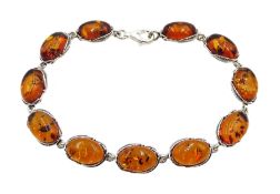 Silver Baltic amber leaf design oval link bracelet