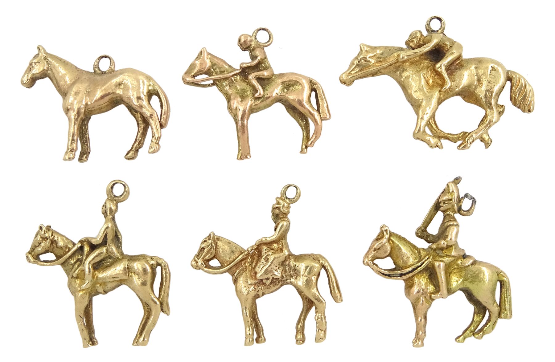 Six 9ct gold horse pendant/charms including racehorse