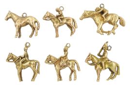 Six 9ct gold horse pendant/charms including racehorse