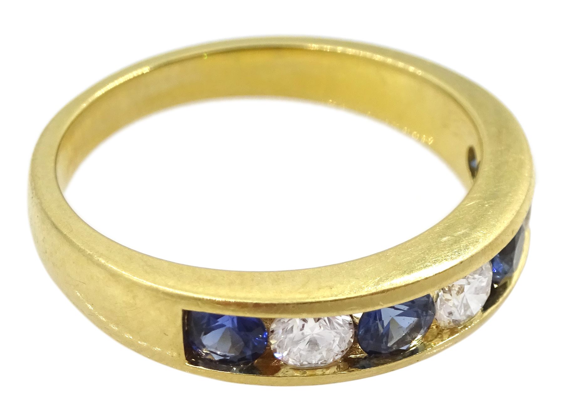 18ct gold channel set seven stone round brilliant cut diamond and round sapphire ring - Image 3 of 4