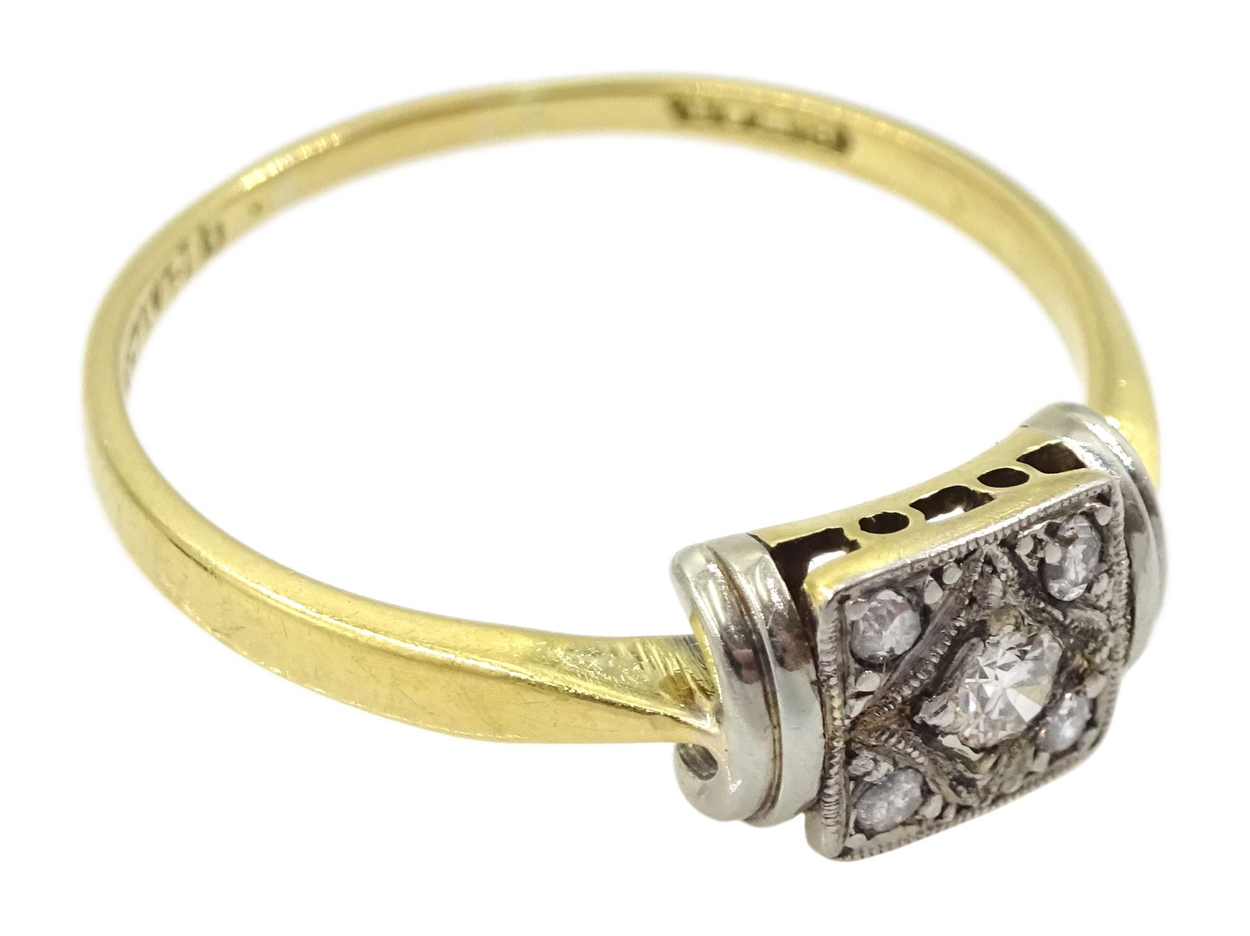 Art Deco 18ct gold and platinum milgrain set old cut diamond rectangular cluster ring - Image 4 of 5