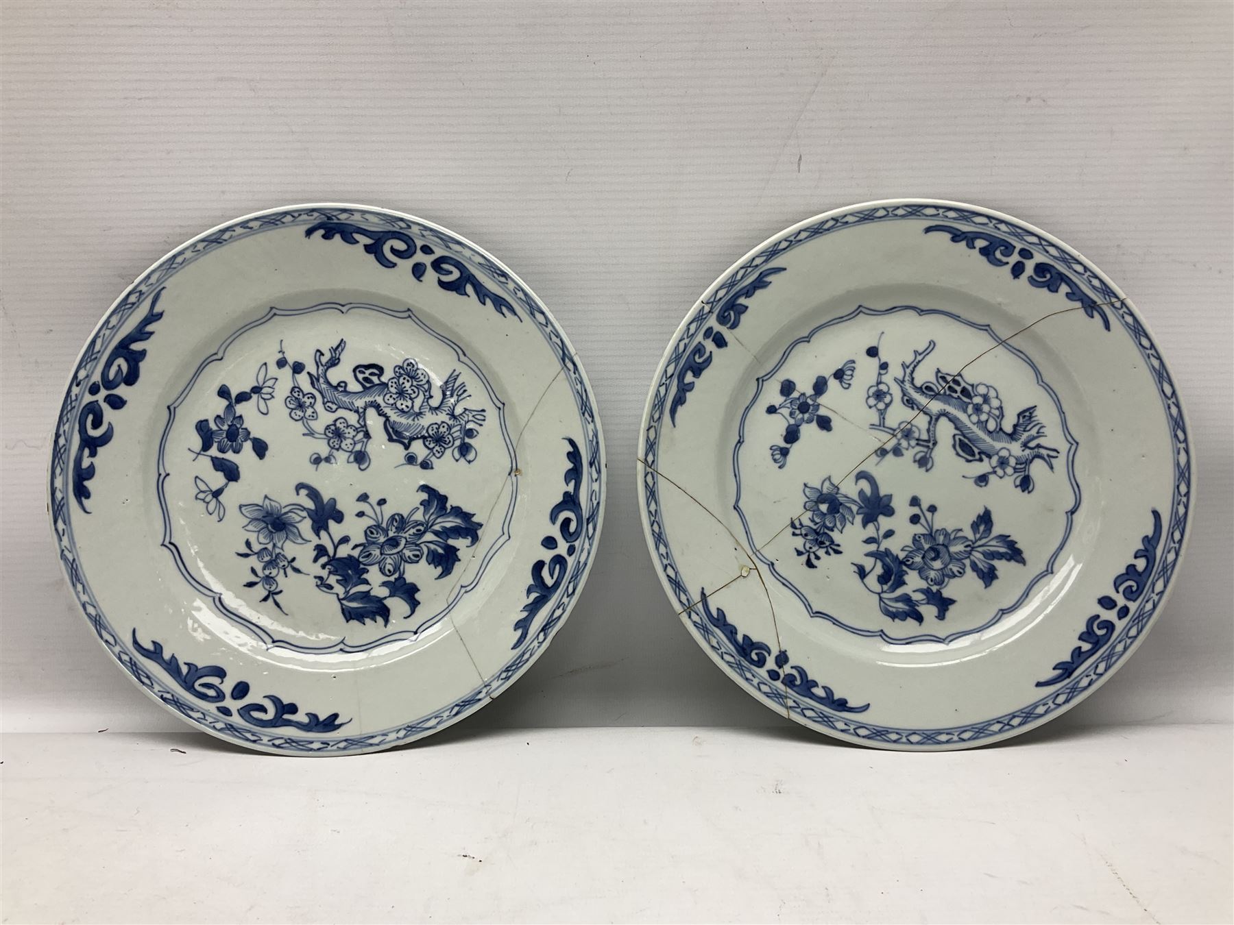 Set of four 18th century Chinese export blue and white porcelain plates with painted foliate decorat - Image 2 of 14