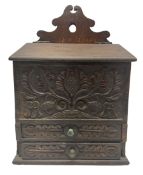 Late 19th century carved oak candle box with two drawers H39.5cm