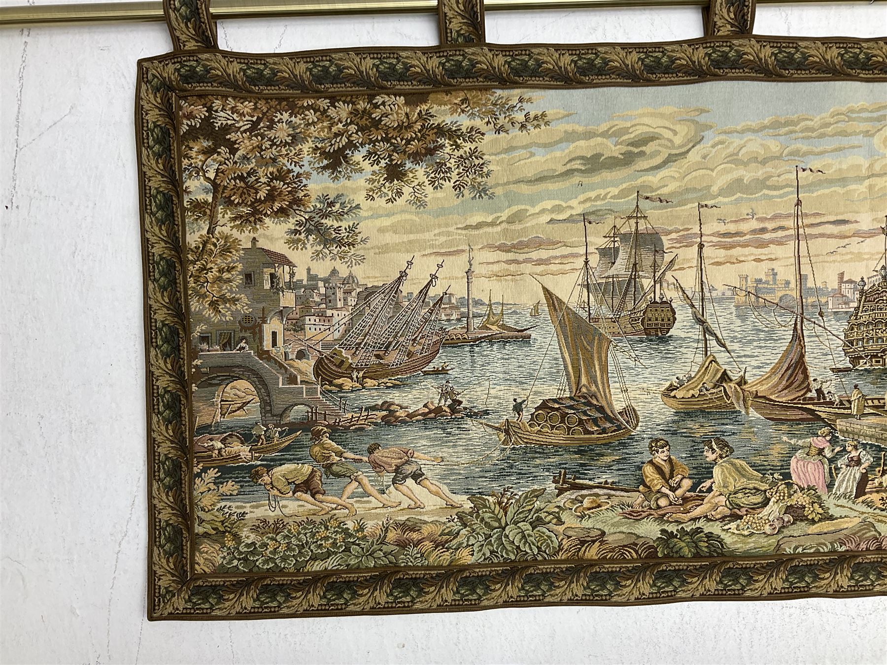 20th century tapestry style wall hanging depicting 17th century port scene - Image 2 of 18