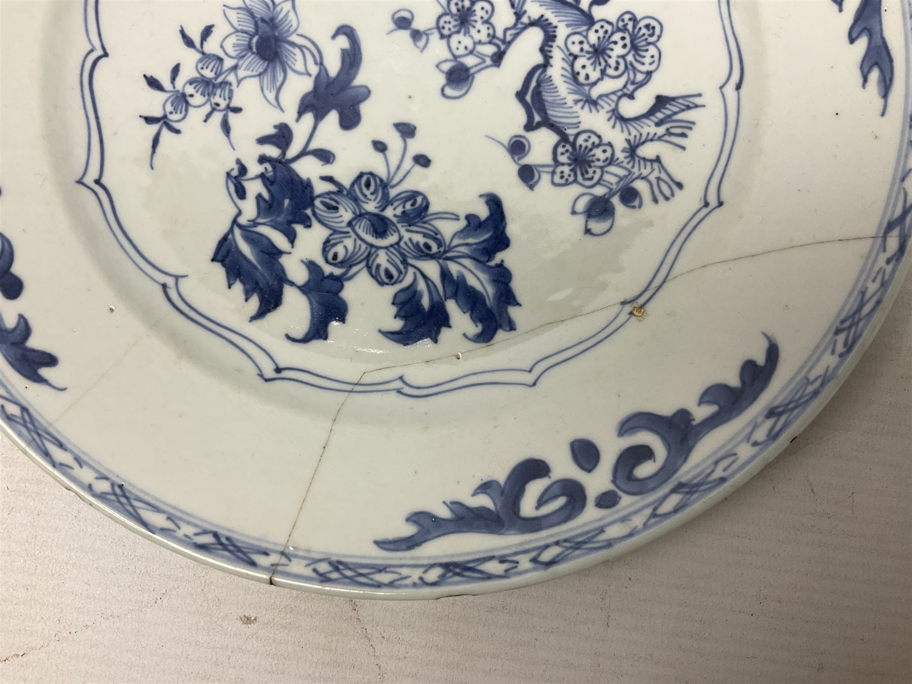 Set of four 18th century Chinese export blue and white porcelain plates with painted foliate decorat - Image 3 of 14