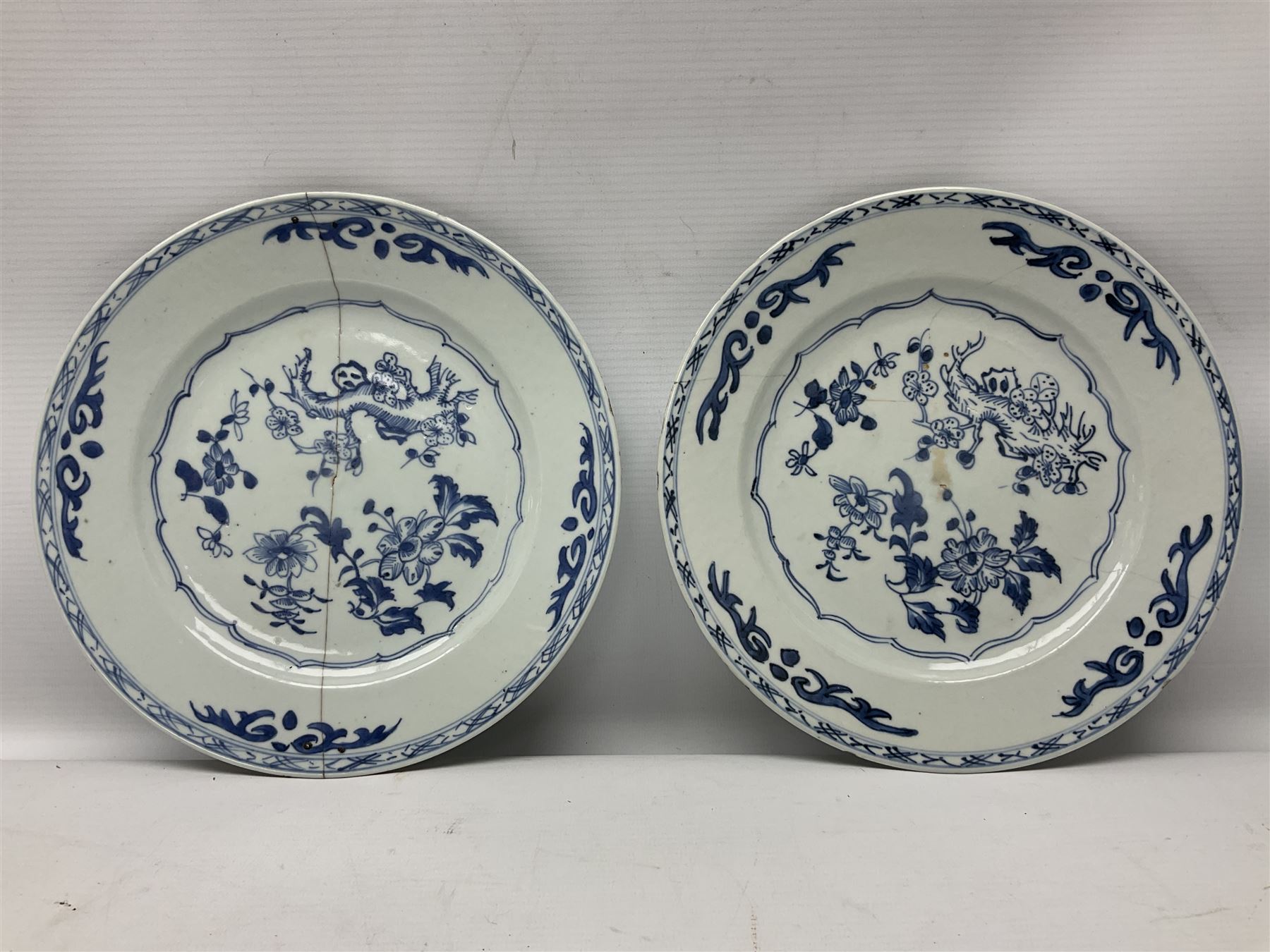 Set of four 18th century Chinese export blue and white porcelain plates with painted foliate decorat - Image 8 of 14