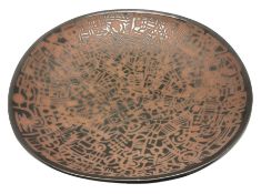 Large studio pottery terracotta bowl with stylised pattern in a tarnished silvered glaze