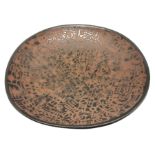 Large studio pottery terracotta bowl with stylised pattern in a tarnished silvered glaze