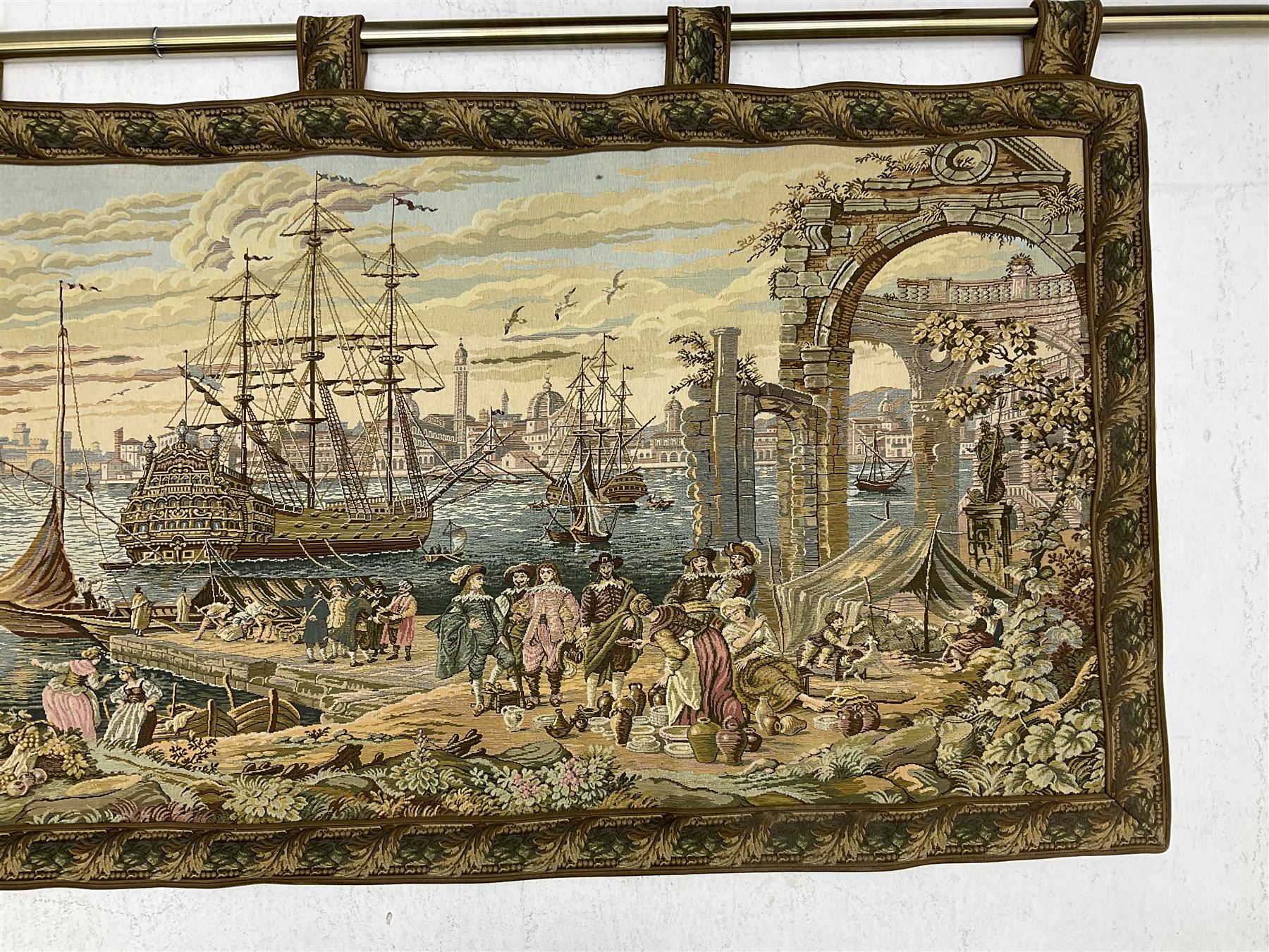 20th century tapestry style wall hanging depicting 17th century port scene - Image 4 of 18