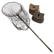 Fishing tackle and accessories housed in two wicker creels