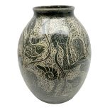 John Egerton (c1945-): studio pottery stoneware vase decorated with fish