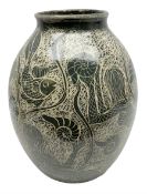 John Egerton (c1945-): studio pottery stoneware vase decorated with fish