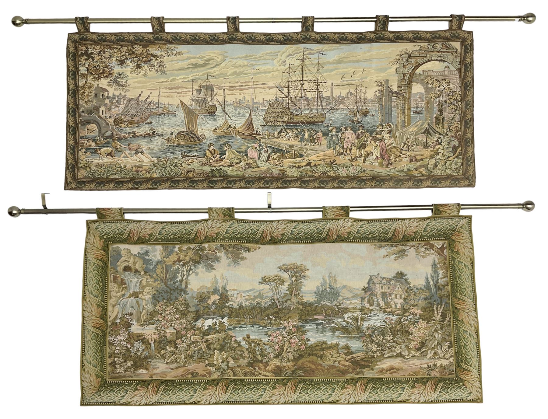 20th century tapestry style wall hanging depicting 17th century port scene