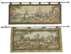 20th century tapestry style wall hanging depicting 17th century port scene