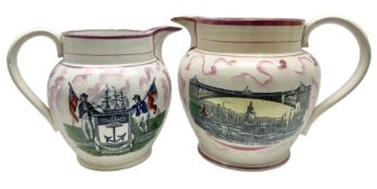 19th century Sunderland large pink lustre jug with the 'The New Bridge'