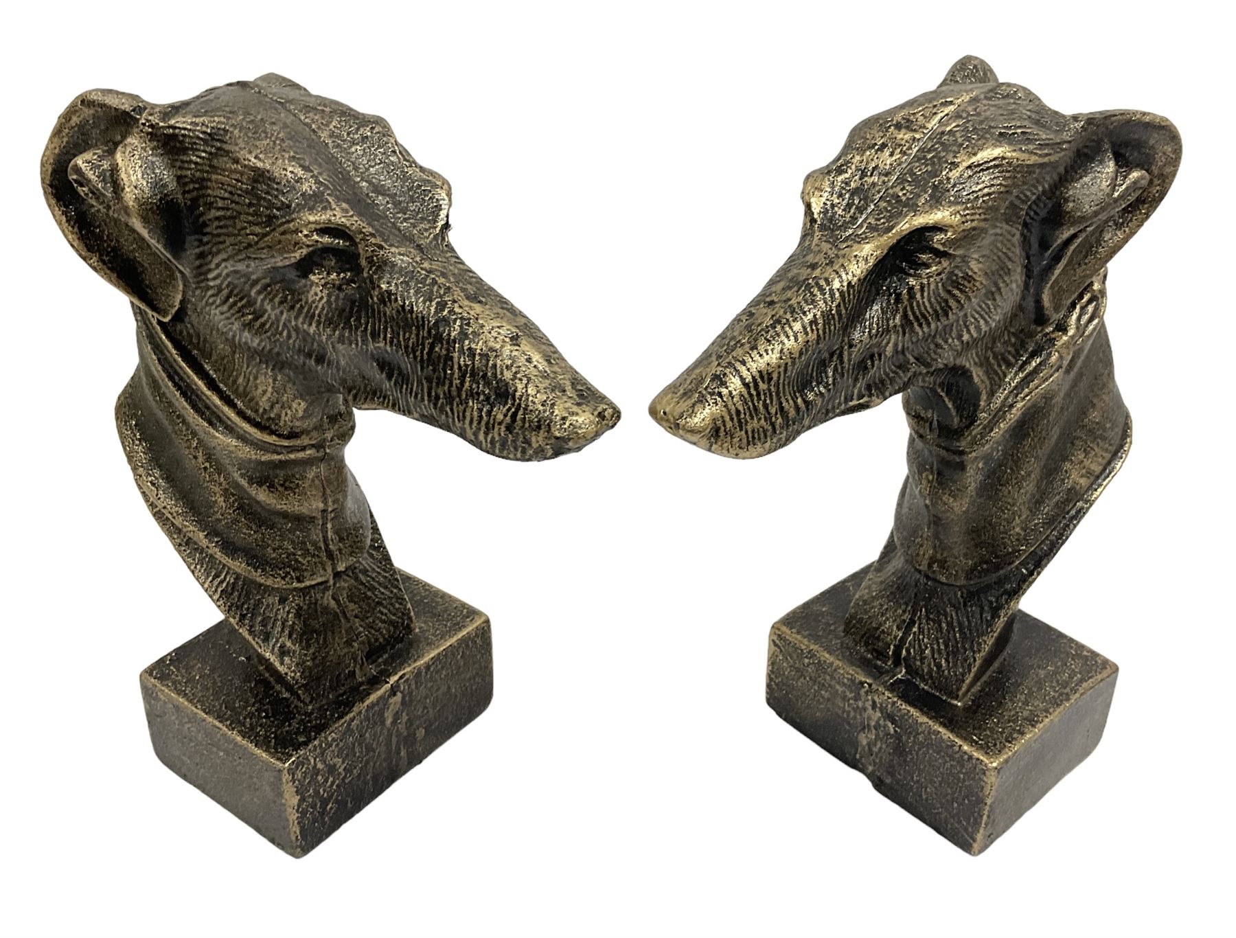 Pair of bronzed cast iron greyhound busts on plinths