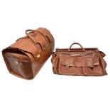 Tan leather holdall with three metal clasps to the front and impress decoration