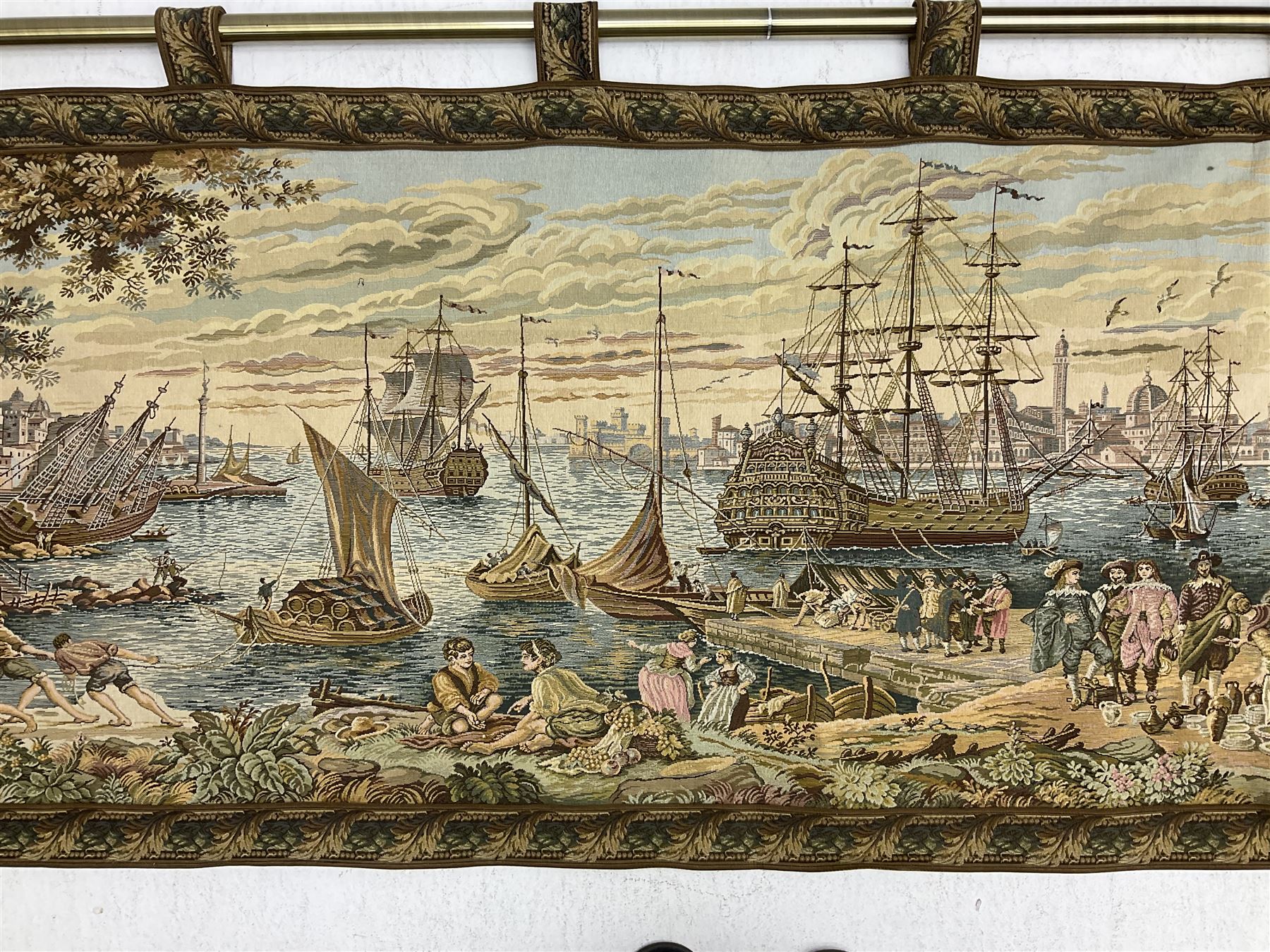 20th century tapestry style wall hanging depicting 17th century port scene - Image 3 of 18