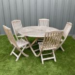 Teak circular garden folding table and five folding chairs