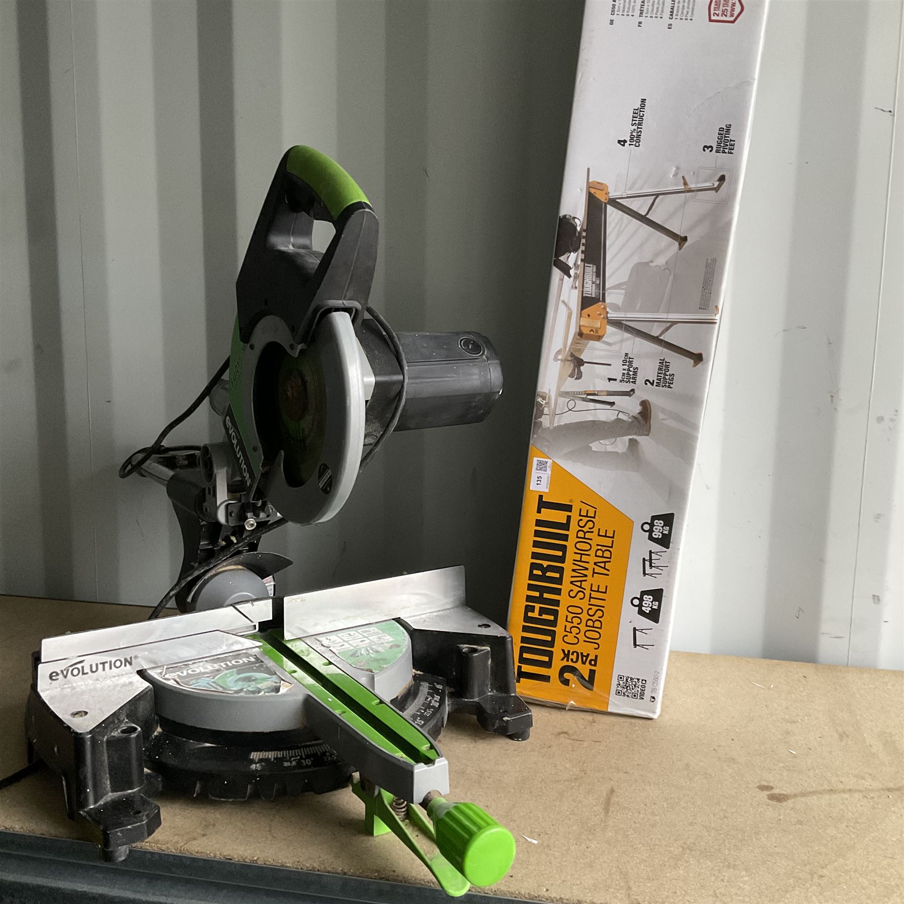 Evolution Fury3-XL Chop saw and Toughbuilt two pack C550 Sawhorse job site table (unopened)