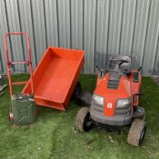 Husqvarna TS138 petrol garden tractor with Husqvarna T275 trailer with metal fuel canister and sack