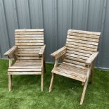 Two wooden garden armchairs - THIS LOT IS TO BE COLLECTED BY APPOINTMENT FROM DUGGLEBY STORAGE