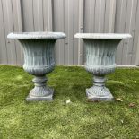 Pair of small Victorian design cast iron garden urns - washed blue finish - THIS LOT IS TO BE COLLEC