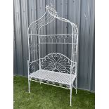 White painted metal garden arbour bench