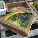 Shallow rectangular glazed sink and glazed corner planter