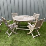 Cannock Gates Teak hardwood round folding table and four folding chairs