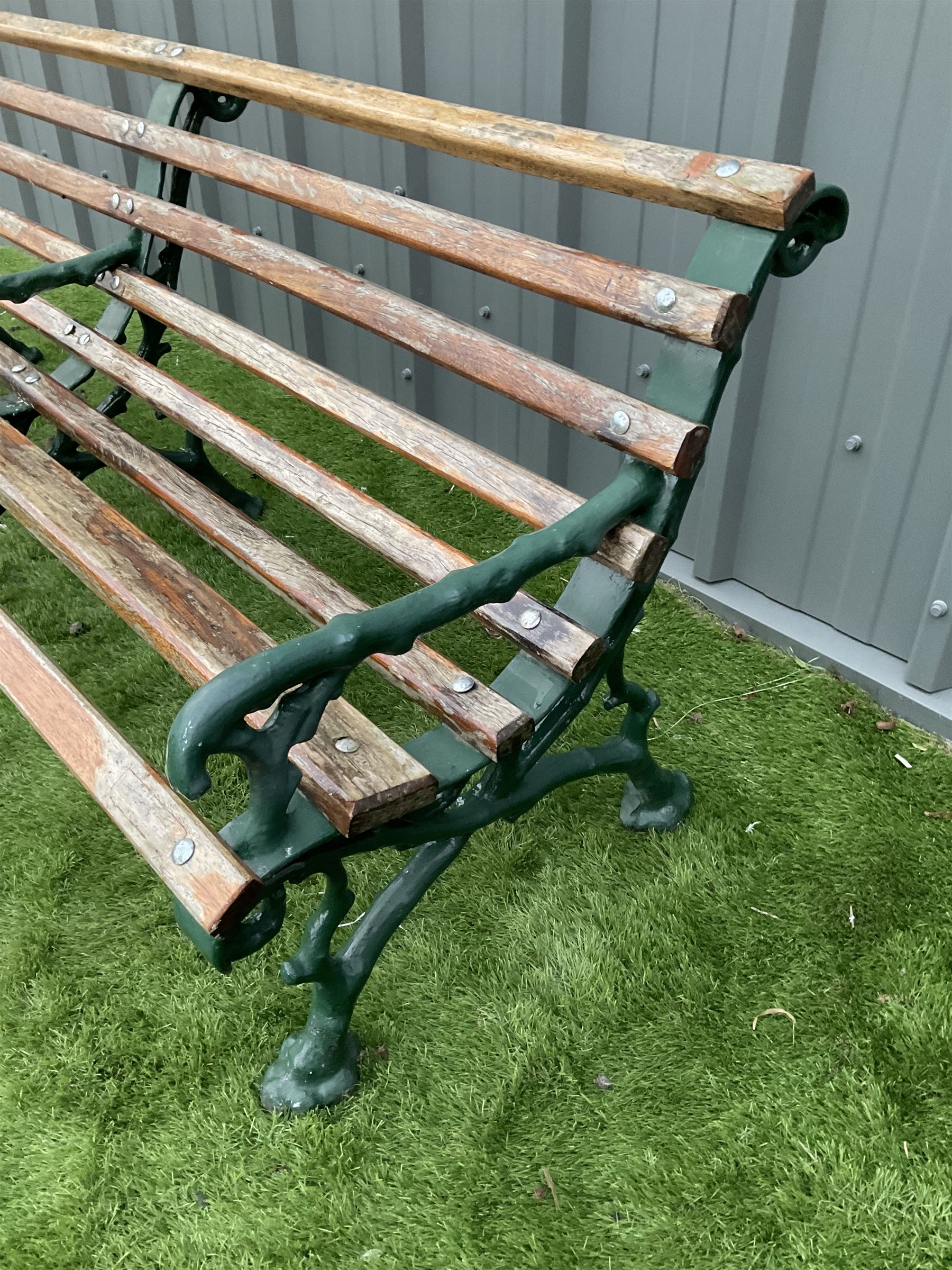 Green painted cast iron and slate bench - Image 2 of 4