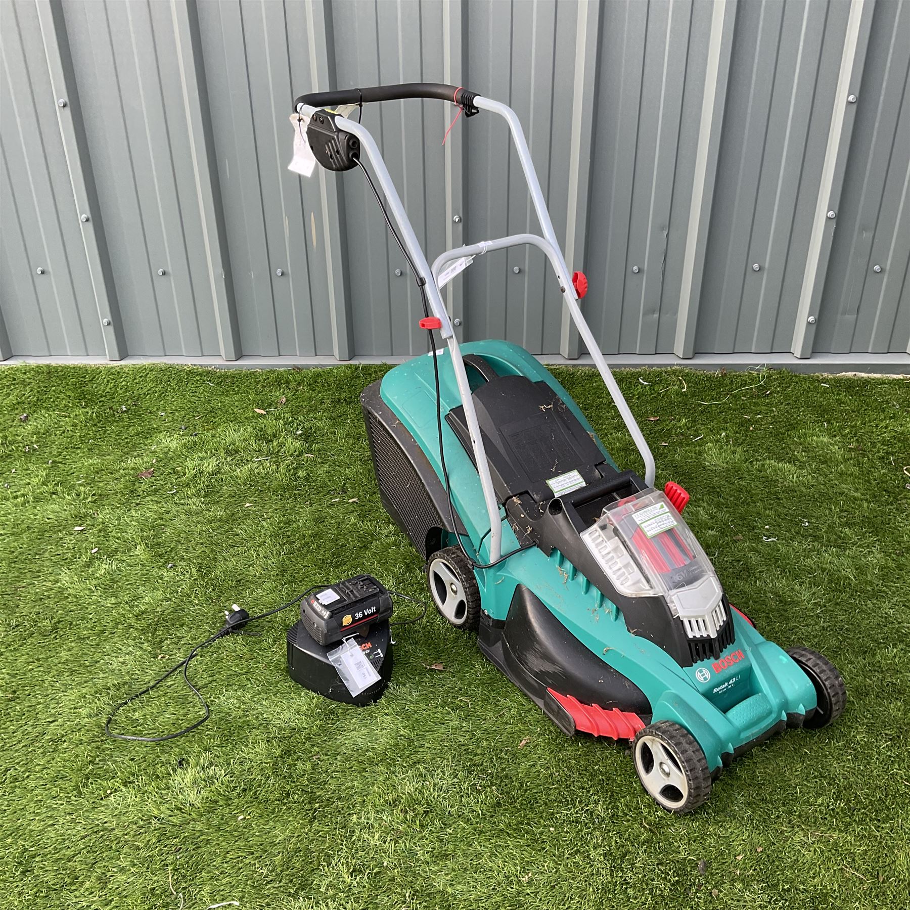 BOSCH battery powered Rotak 43Li 36v lawnmower with 2 batteries and charger