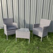 Pair of rattan garden armchairs and matching side table with glass top - THIS LOT IS TO BE COLLECTED