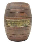 Treen miniature barrel with brass plaque entitled 'From the Teak of HMS Iron Duke Admiral Jellicoe's