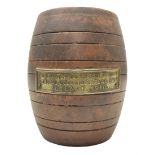 Treen miniature barrel with brass plaque entitled 'From the Teak of HMS Iron Duke Admiral Jellicoe's