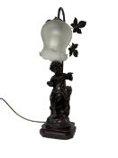 Figural lamp with frilled glass shade