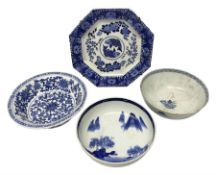 19th century Chinese blue and white bowl decorated with pagoda river scenes
