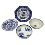 19th century Chinese blue and white bowl decorated with pagoda river scenes