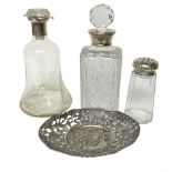 Two glass decanters with hallmarked silver collars