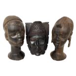 Two carved African hardwood heads and mask